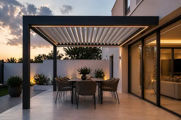 Instalación de pérgola bioclimática con lamas orientables en jardín