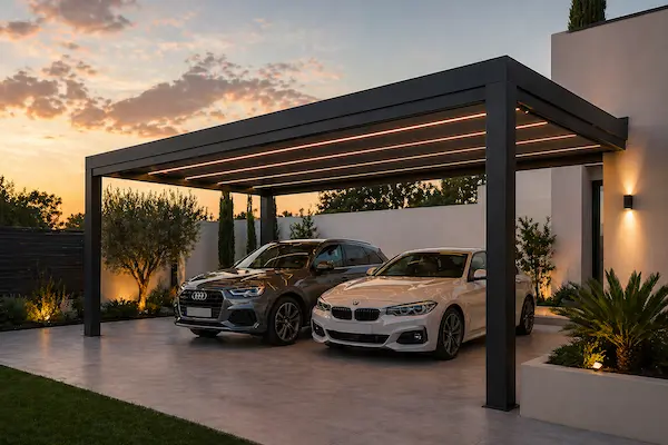 Carport metálico para proteger vehículos del sol y la lluvia