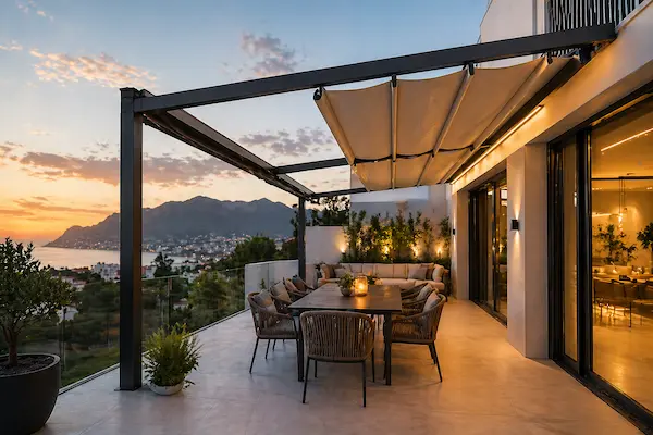 Pérgola retráctil en terraza moderna con cubierta móvil en Alicante