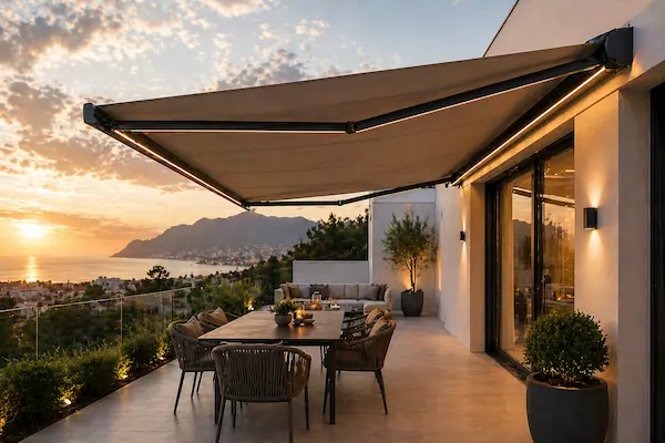 Sistema de toldo exterior para proteger terraza del sol en vivienda